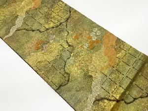 服部織物製　こはく錦手工芸引箔道長取り・格子に草花模様織出し袋帯